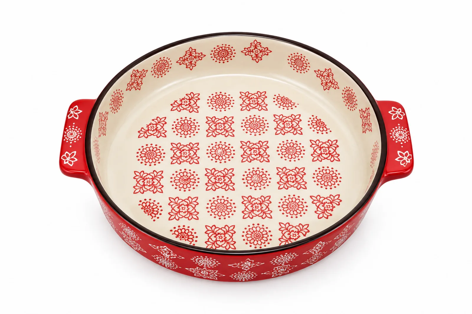 Porcelain Round Baking Dish 10″ – 25 cm – Cream & Red Pattern