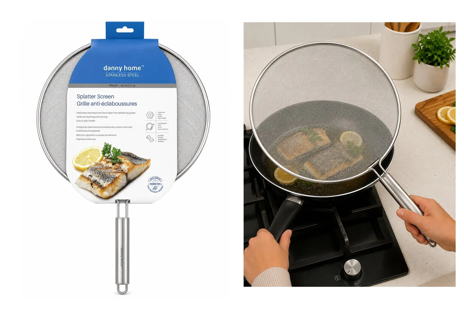 33 cm Stainless Steel Splatter Guard with Oval Handle