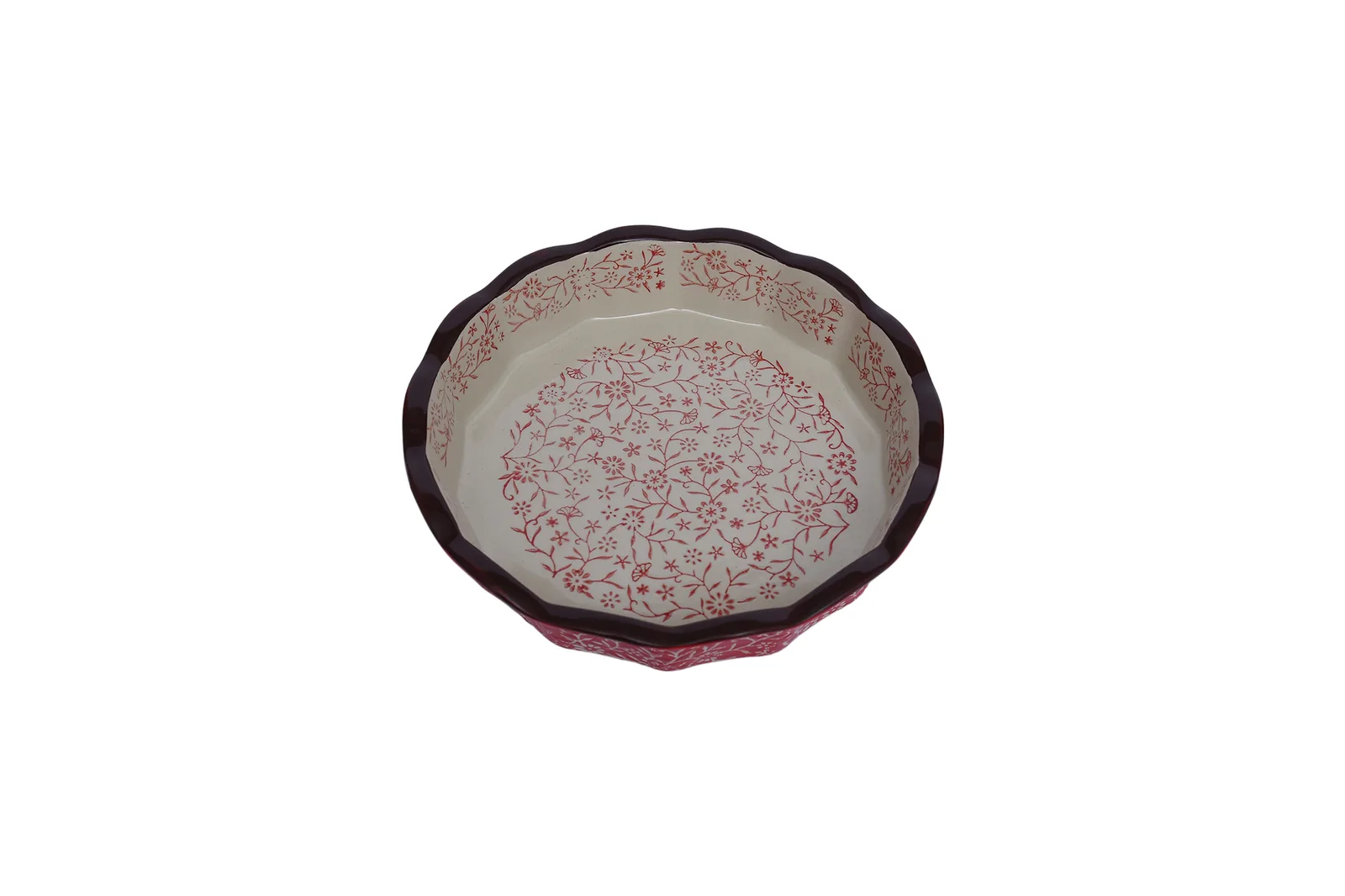 Porcelain Round Scalloped Baking Dish 8.8″ – 22 cm – Cream & Red Floral
