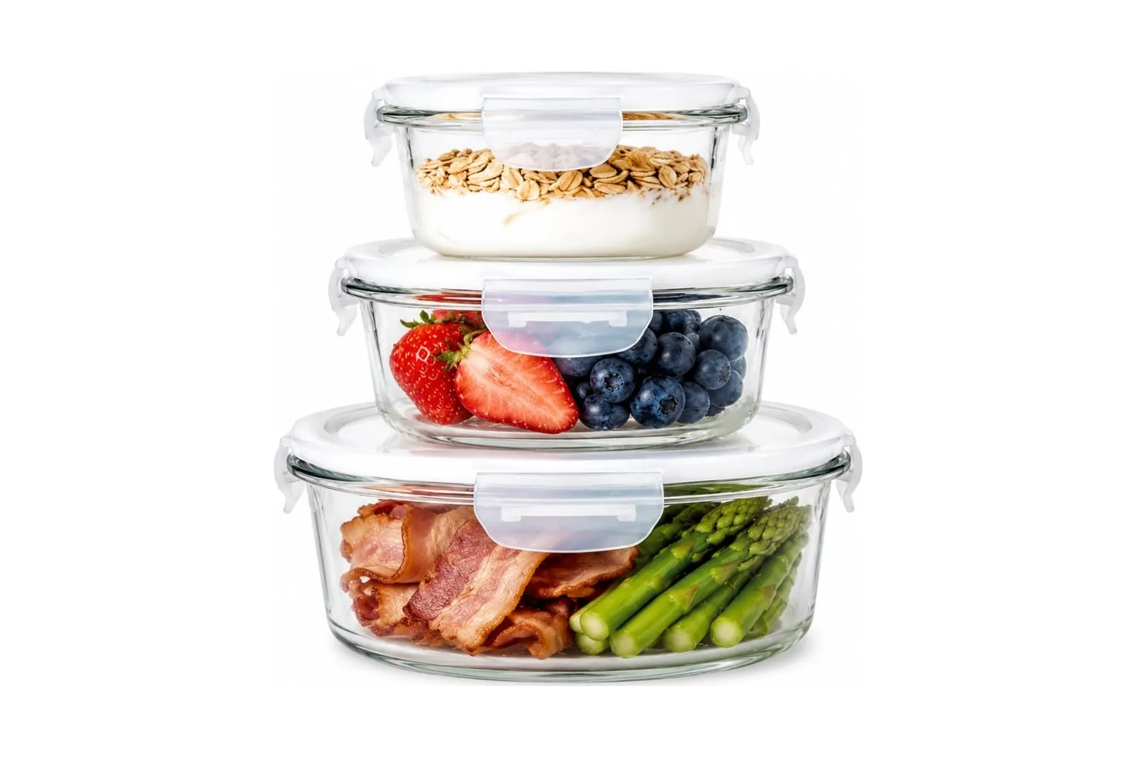 Round Glass Food Containers Set 3 Pcs 635 ml 930 ml 1300 ml