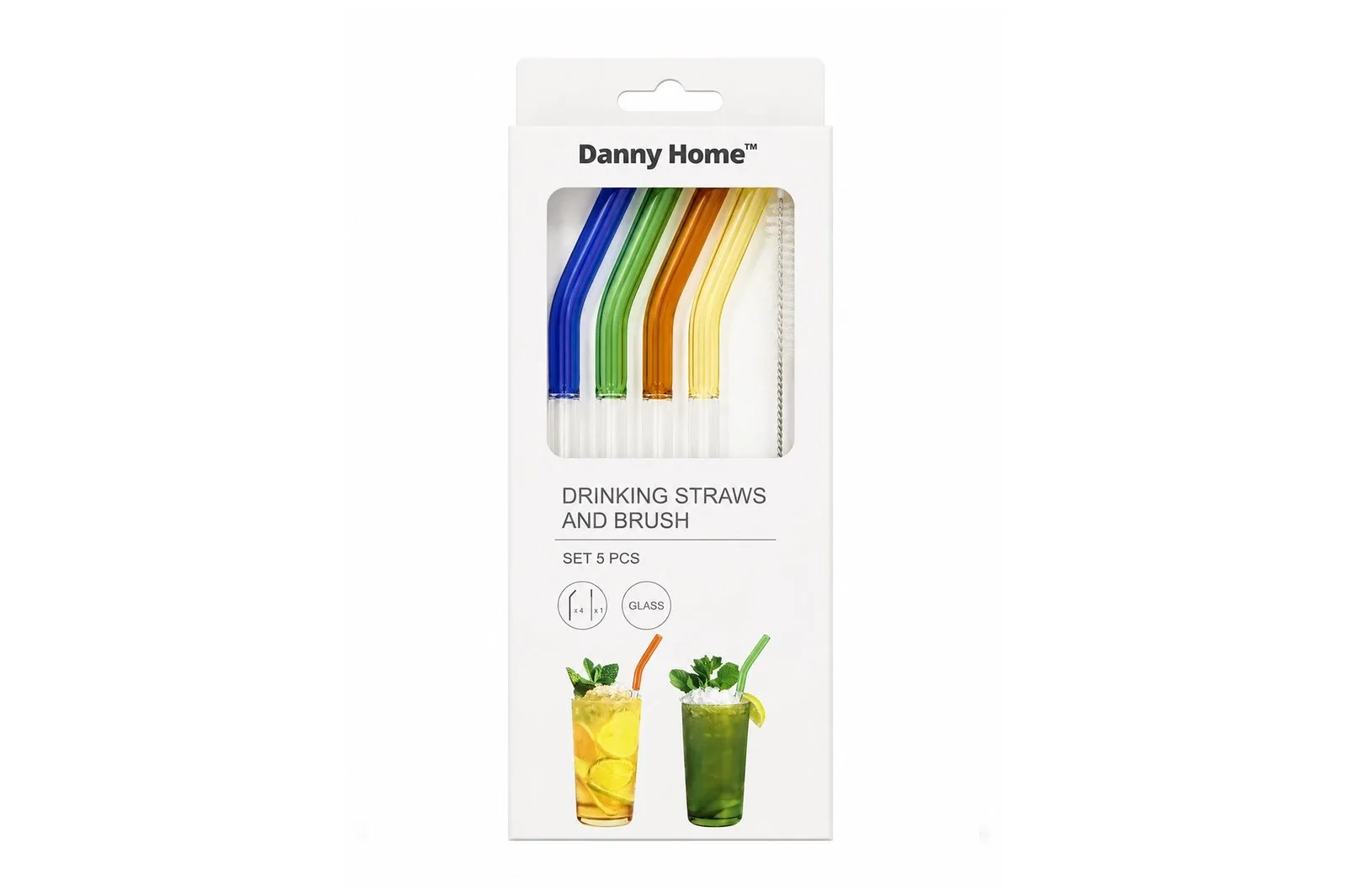 Glass Drinking Straws Set 5 Pieces with Cleaning Brush – 20 cm – Bent