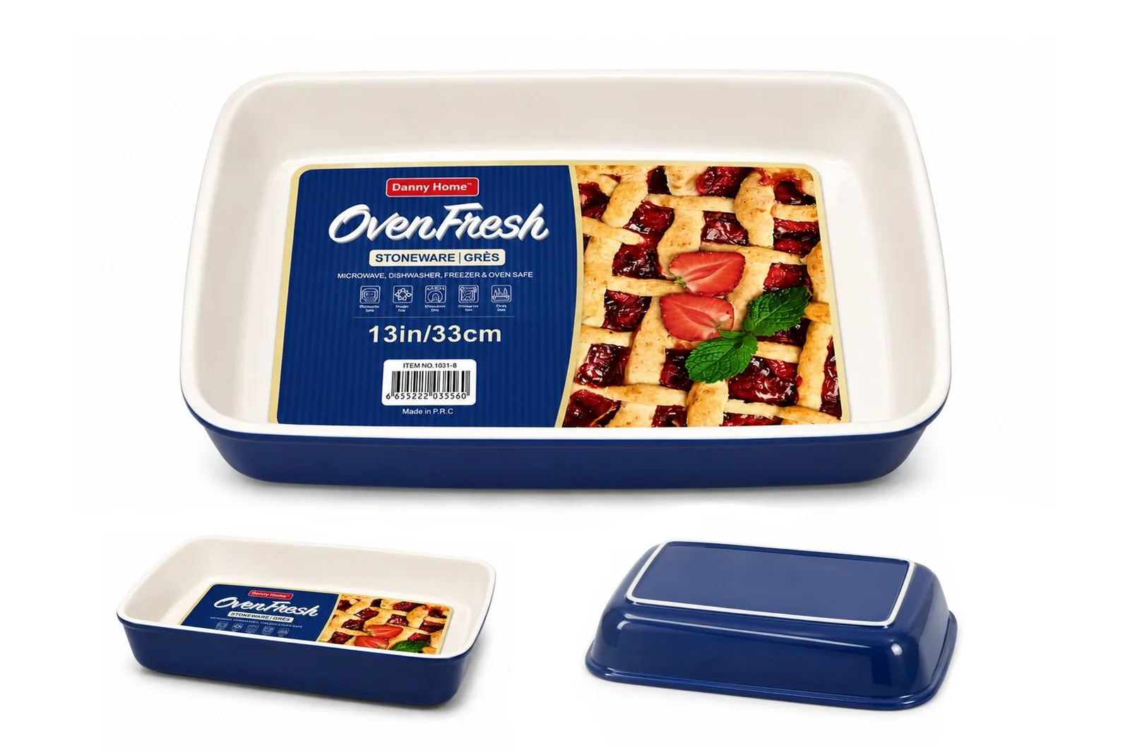 Porcelain Large Rectangular Baking Dish Cream and Blue