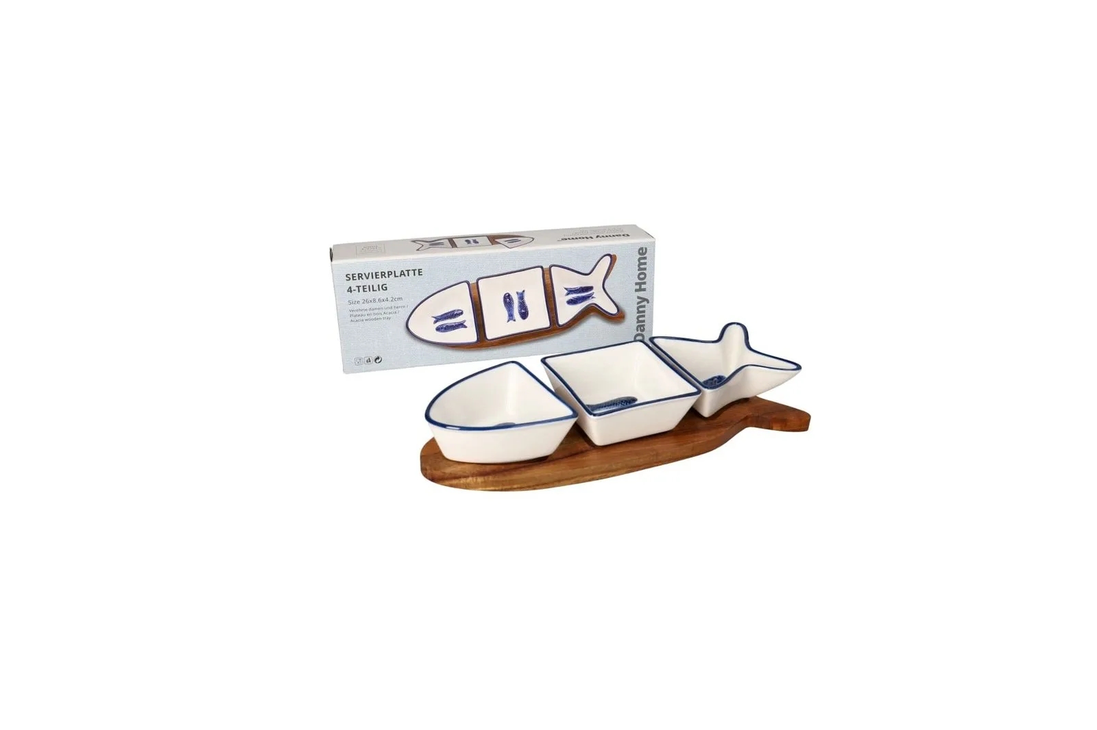 Porcelain Fish Shaped Platter Set with Bamboo Tray 4 Pcs