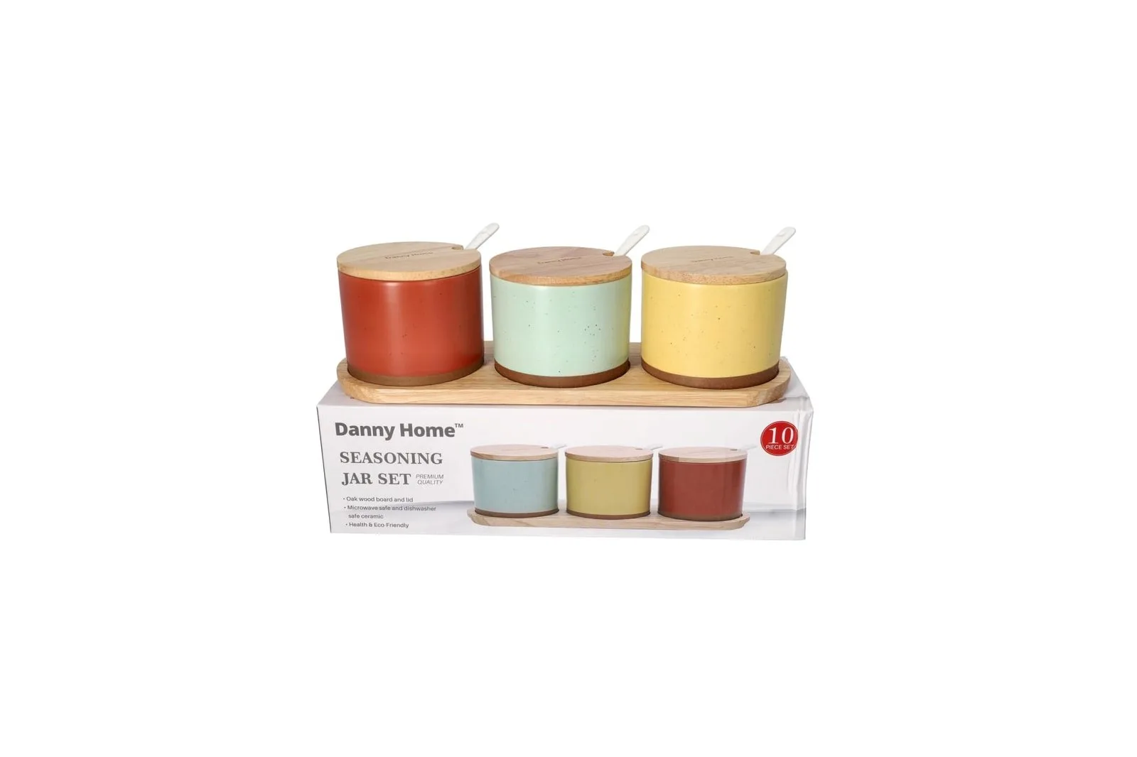 Porcelain Speckled Seasoning Canisters Set with Oak Board