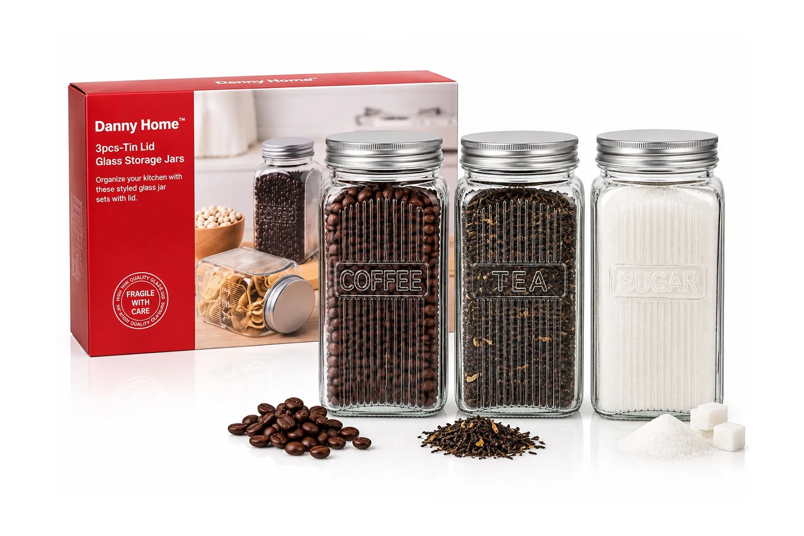 Ribbed Glass Storage Jar Set with Metal Lids 1 L – 3 Pieces