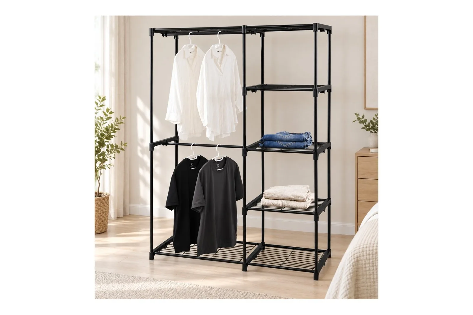 Black Clothes Rack with Storage Shelves