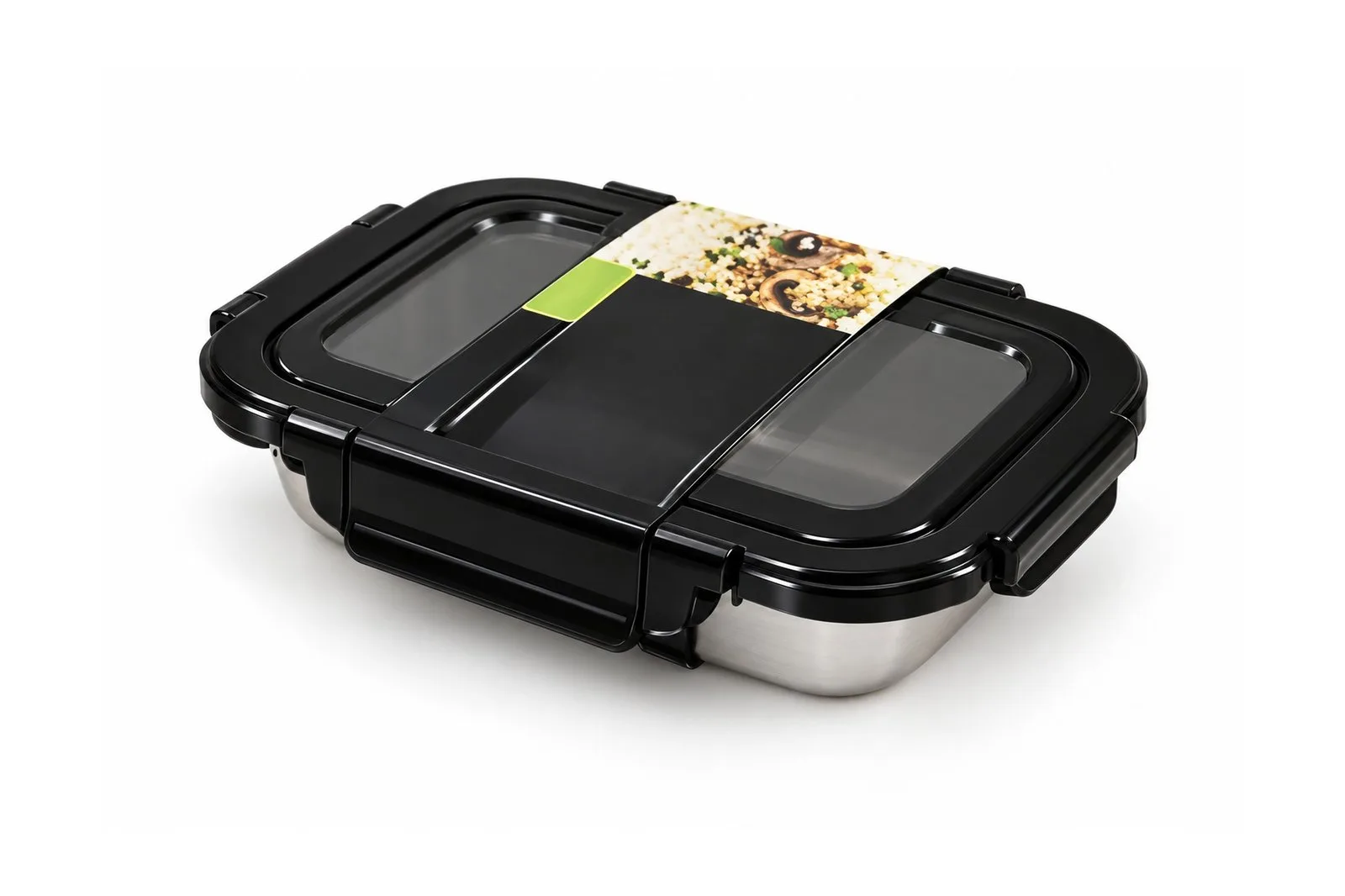 Stainless Steel 304 Food Container 1.7 L Glass Lid – Black Rectangular