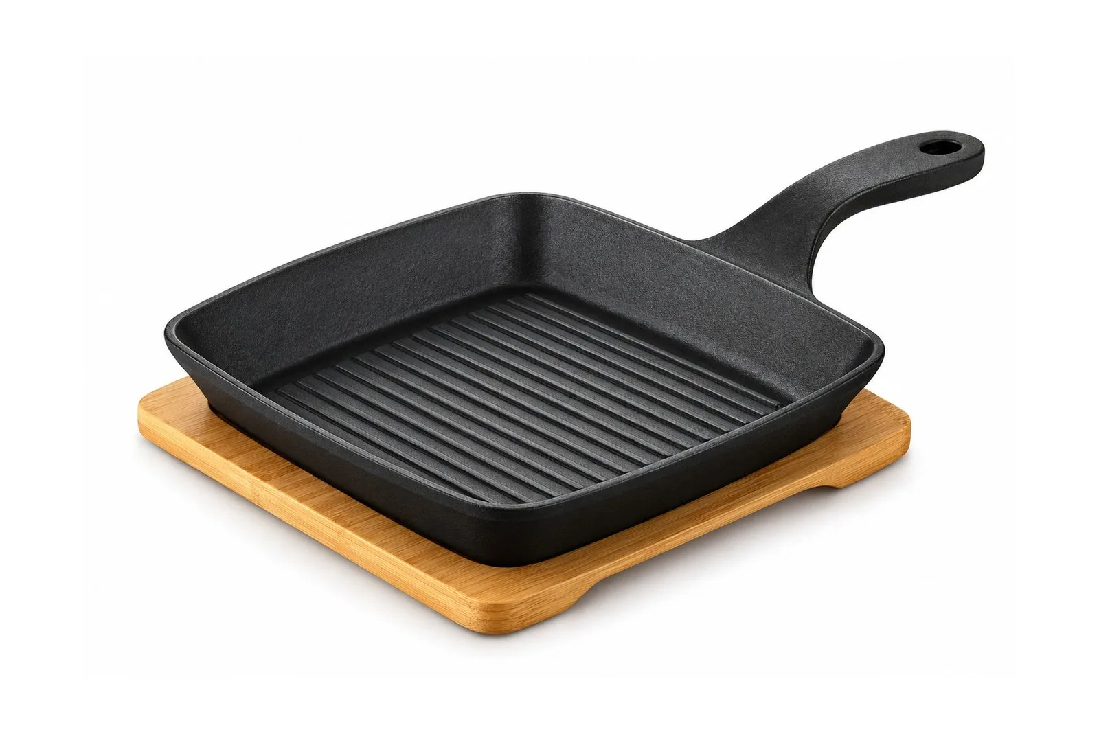 Cast Iron Square Grill Pan with Wooden Serving Base 15 cm