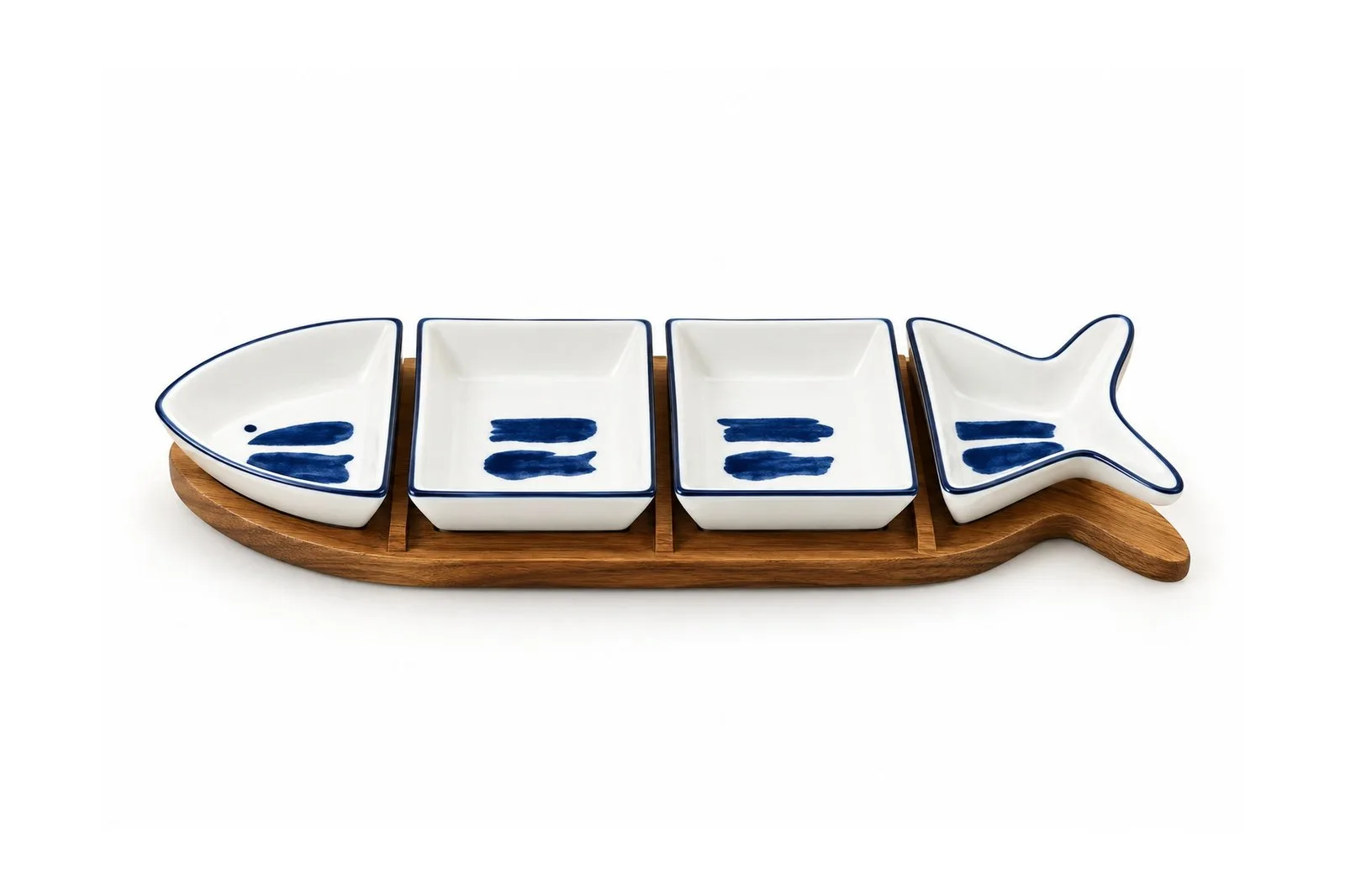 Fish-Shaped Porcelain Serving Dishes Set 4 pcs with Bamboo Tray