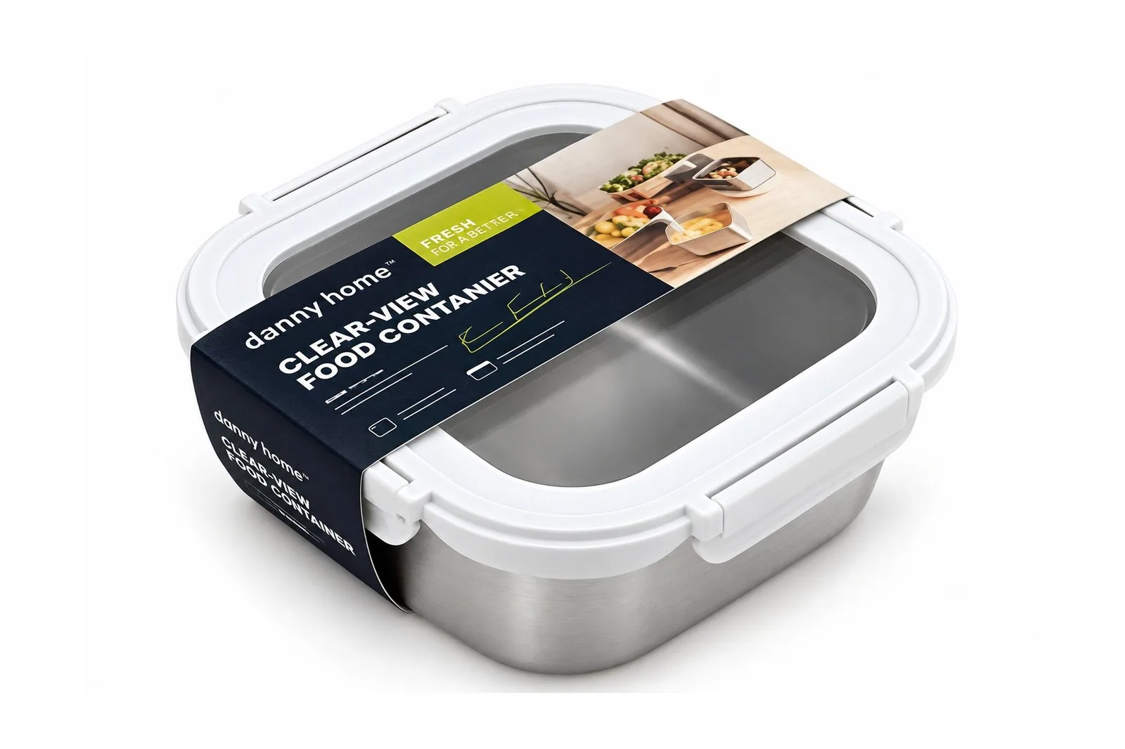Stainless Steel 304 Food Container 1.35 L Glass Lid – White Square