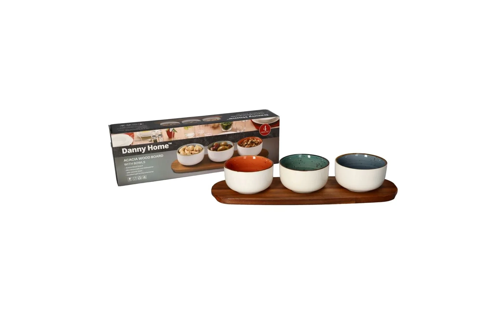Porcelain Mini Dishes Set with Acacia Wood Tray 4 Pcs