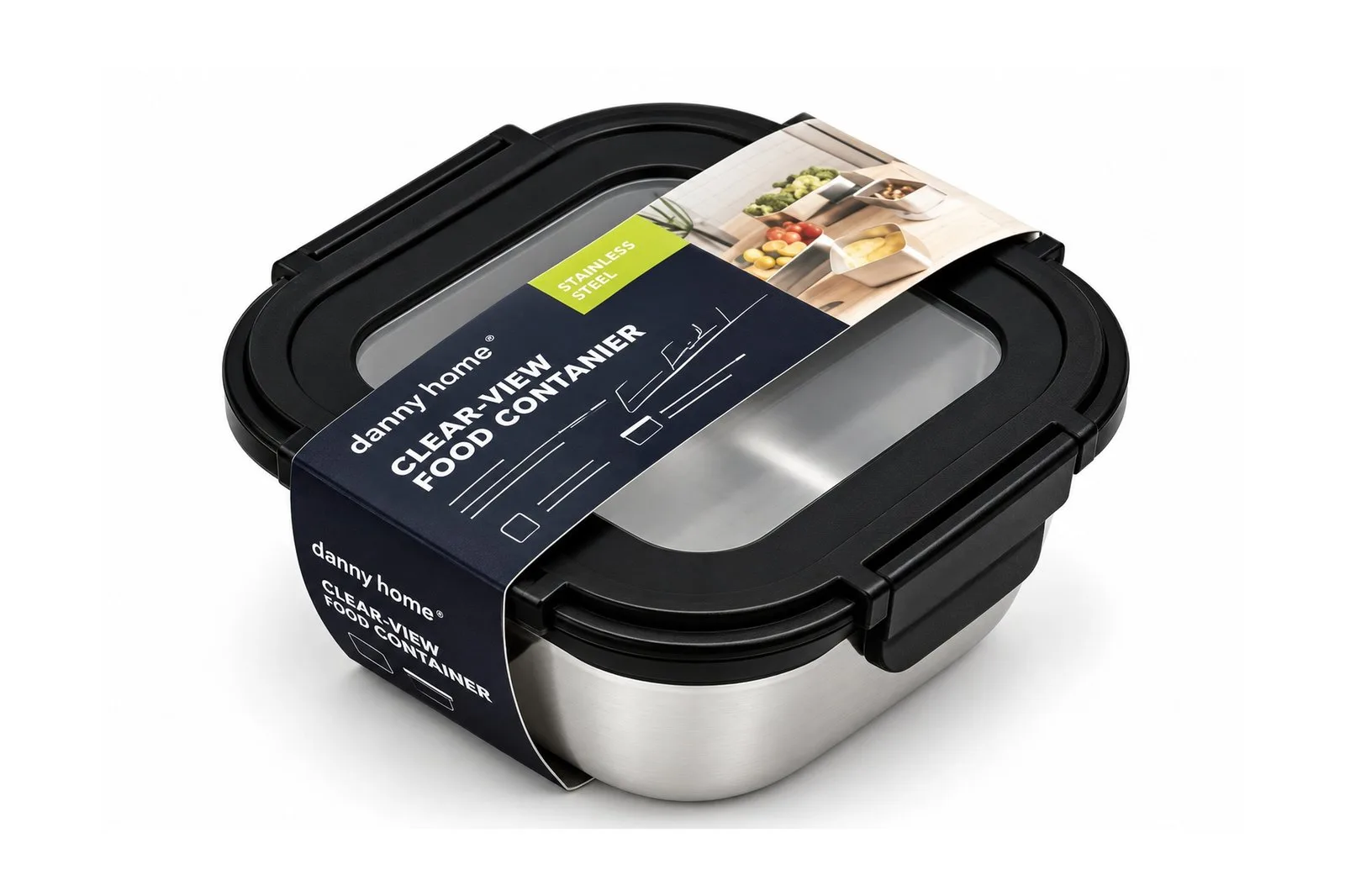 Stainless Steel 304 Food Container 900 ml Glass Lid – Black Square