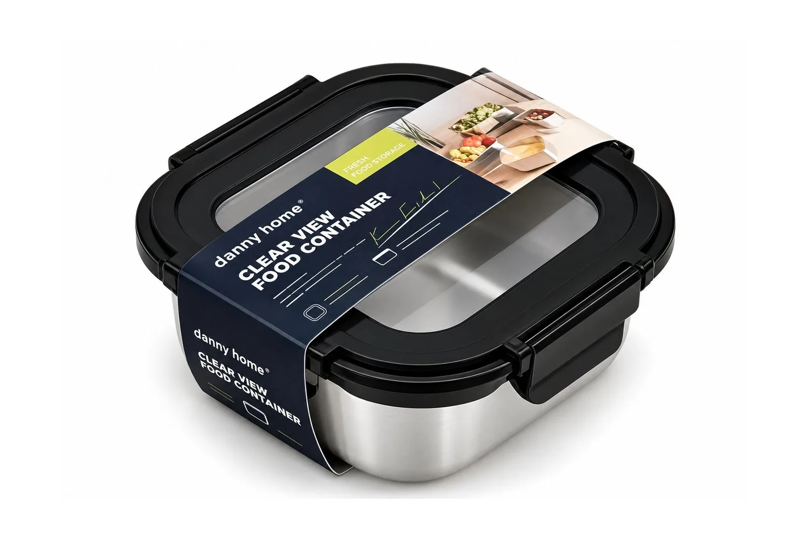 Stainless Steel 304 Food Container 1.35 L Glass Lid – Black Square