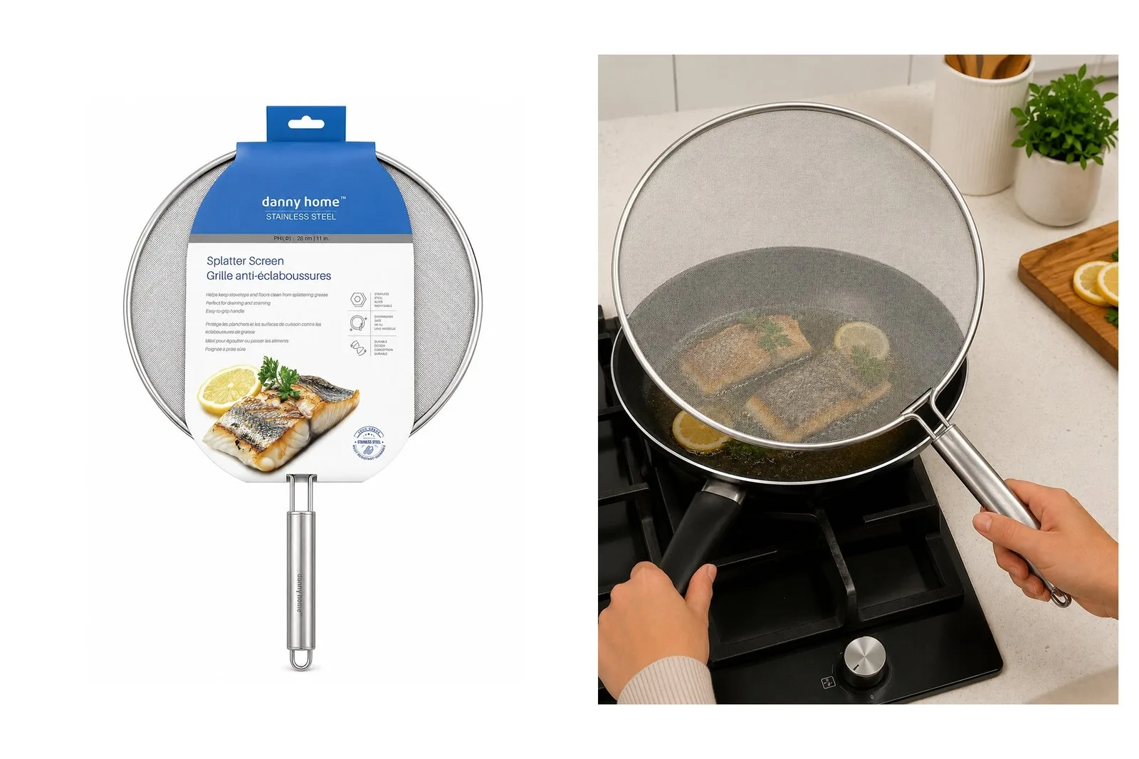 28 cm Stainless Steel Splatter Guard with Oval Handle