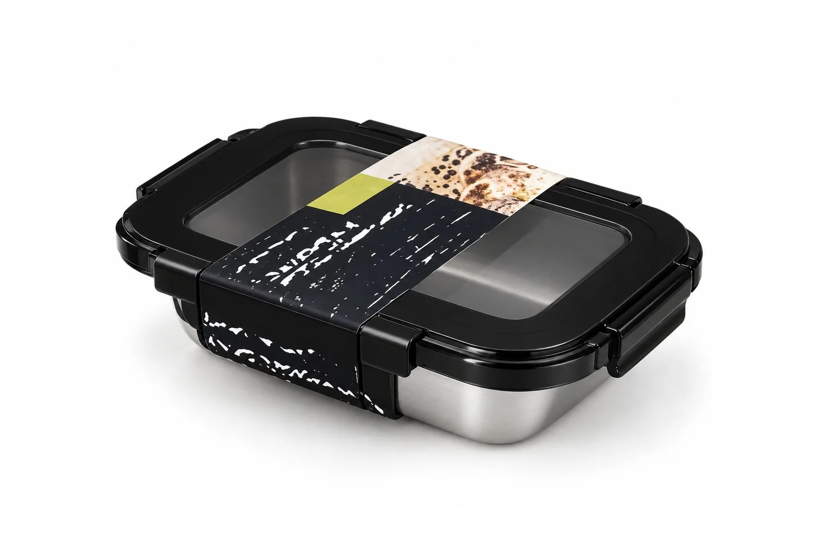 Stainless Steel 304 Food Container 580 ml Glass Lid – Black Square