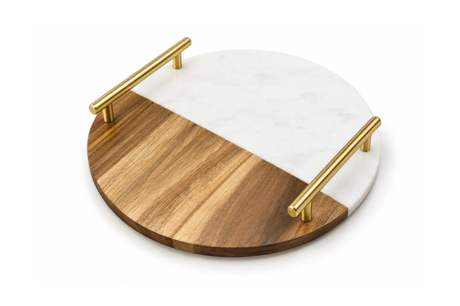 Stone & Wood Round Serving Tray with Gold Handles 25 cm