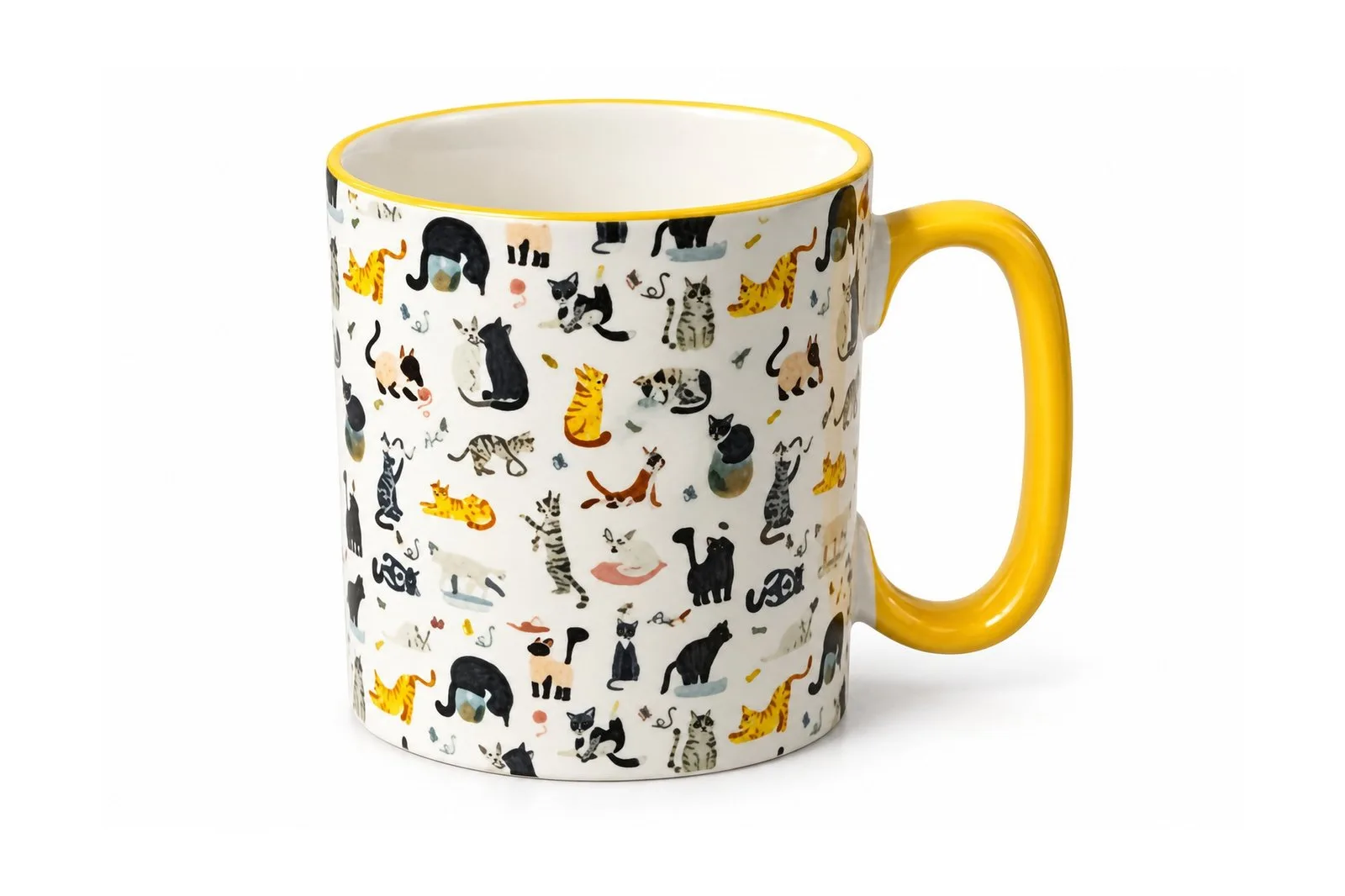 Porcelain Mug 450 ml – Cats Print Yellow Handle