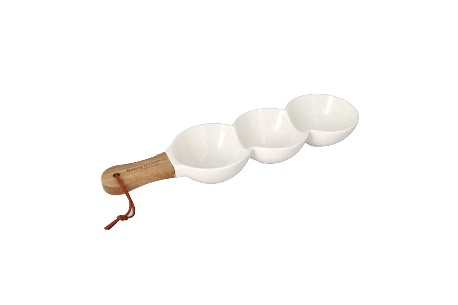 Porcelain 3 Compartment Serving Tray with Wooden Handle