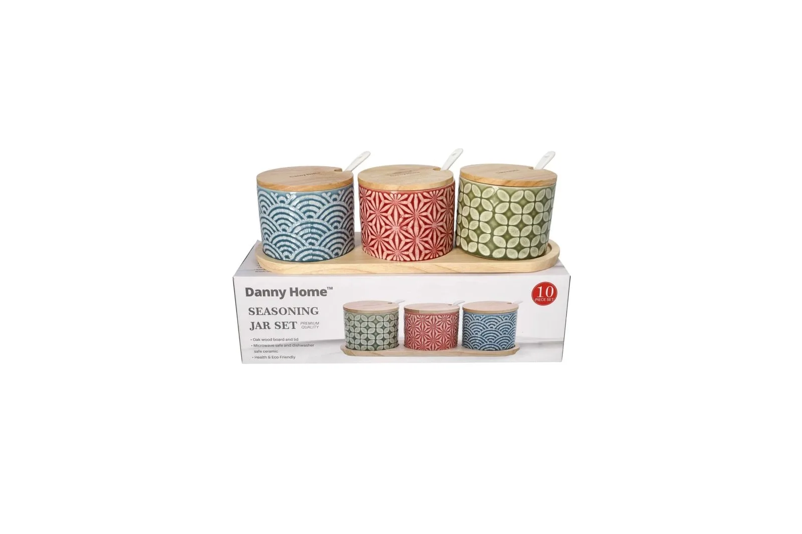 Porcelain Geometric Seasoning Canisters Set with Oak Board