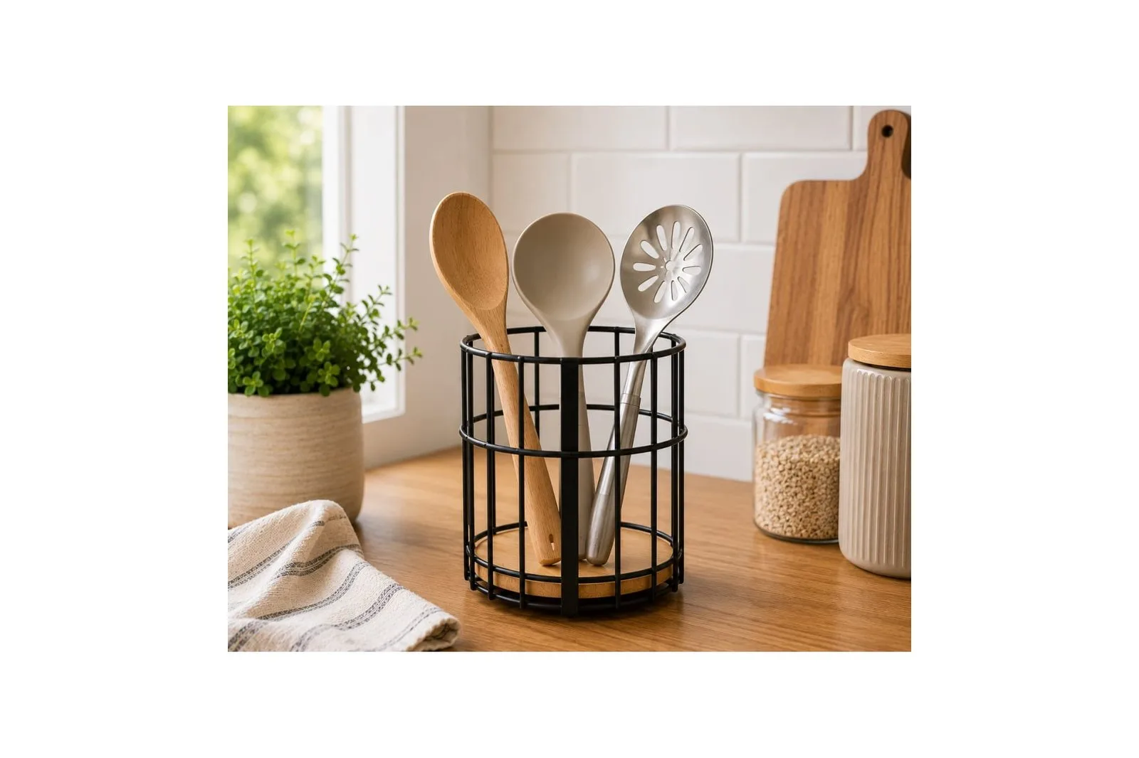 Metal Cutlery Holder with Bamboo Base
