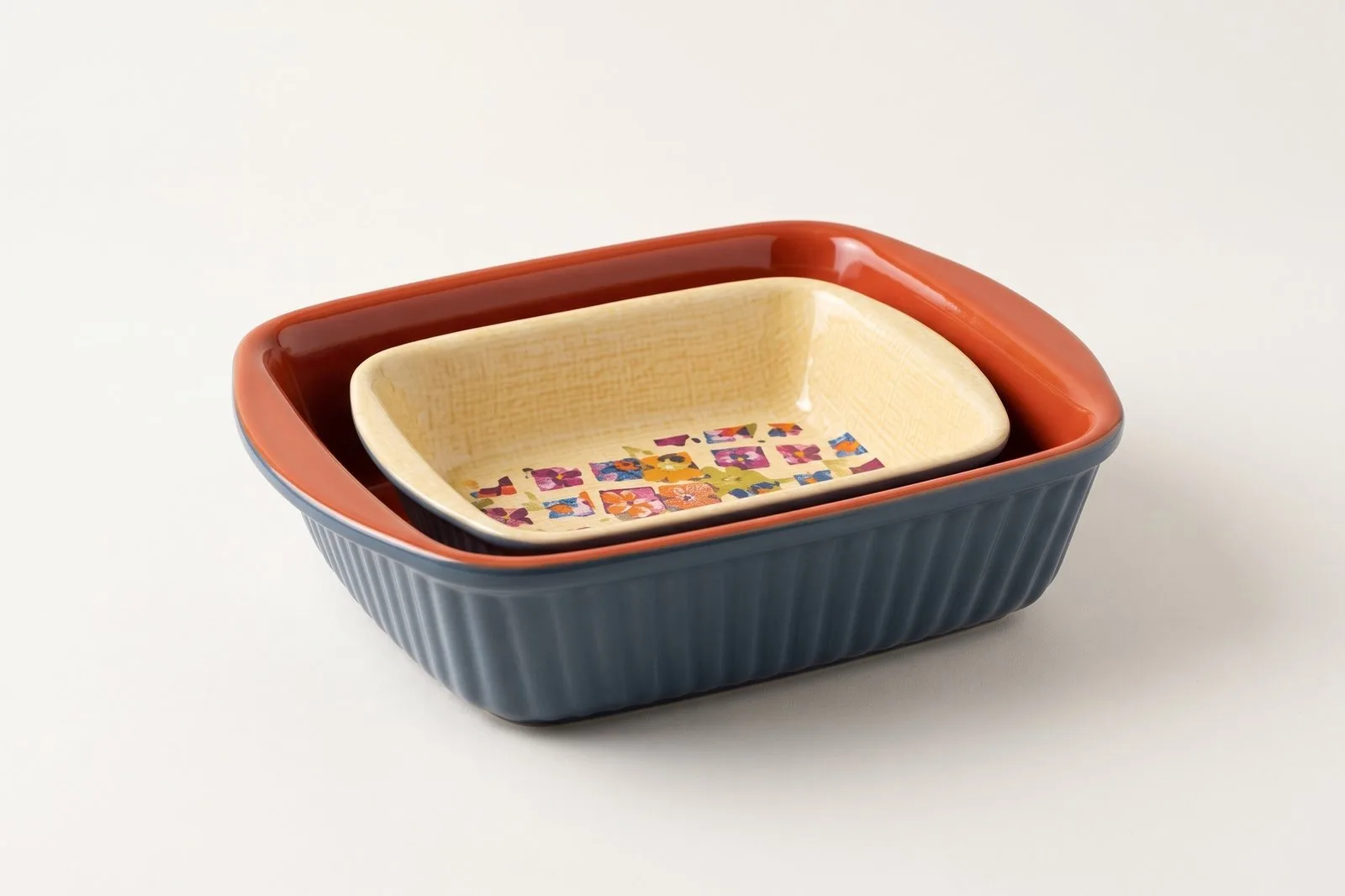 Porcelain Ribbed Deep Rectangular Baking Dish Grey and Orange