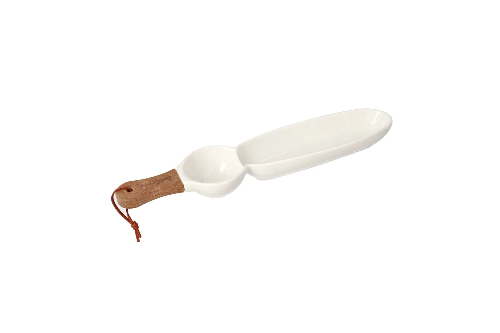 Porcelain 2 Compartment Serving Tray with Wooden Handle