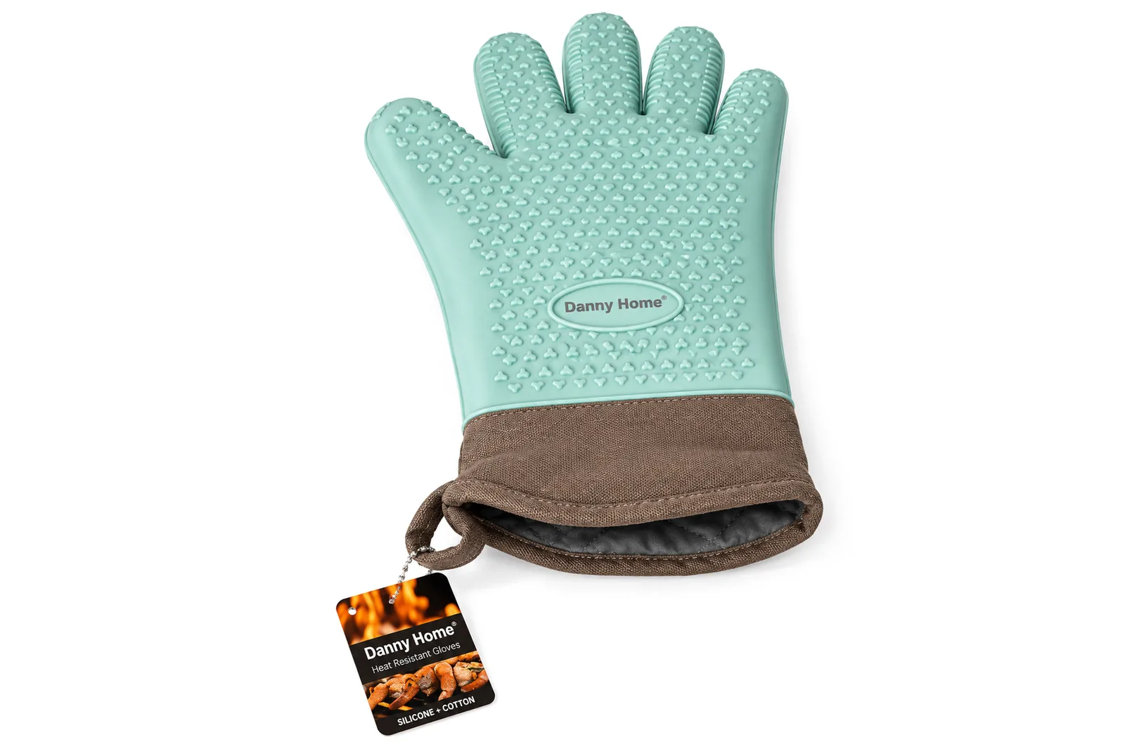 Silicone Five-Finger Oven Glove with Cotton Cuff 35 cm – Mint Green