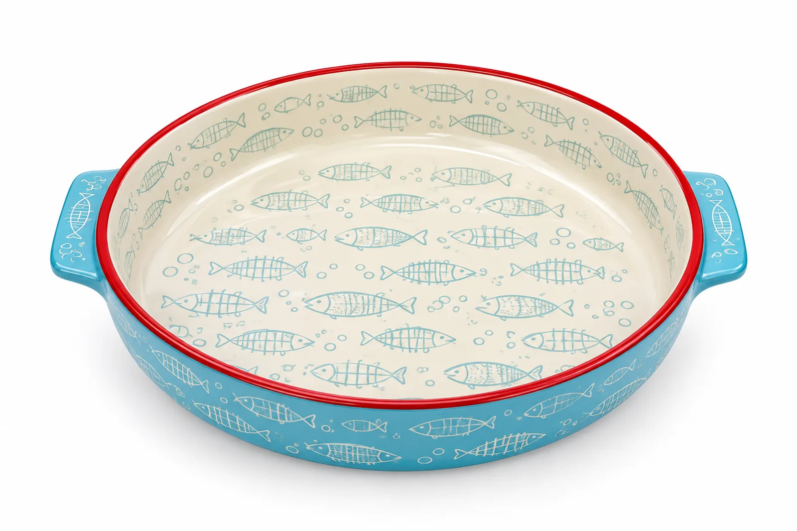 Porcelain Round Baking Dish 12″ – 29.5 cm – Cream & Blue Fish