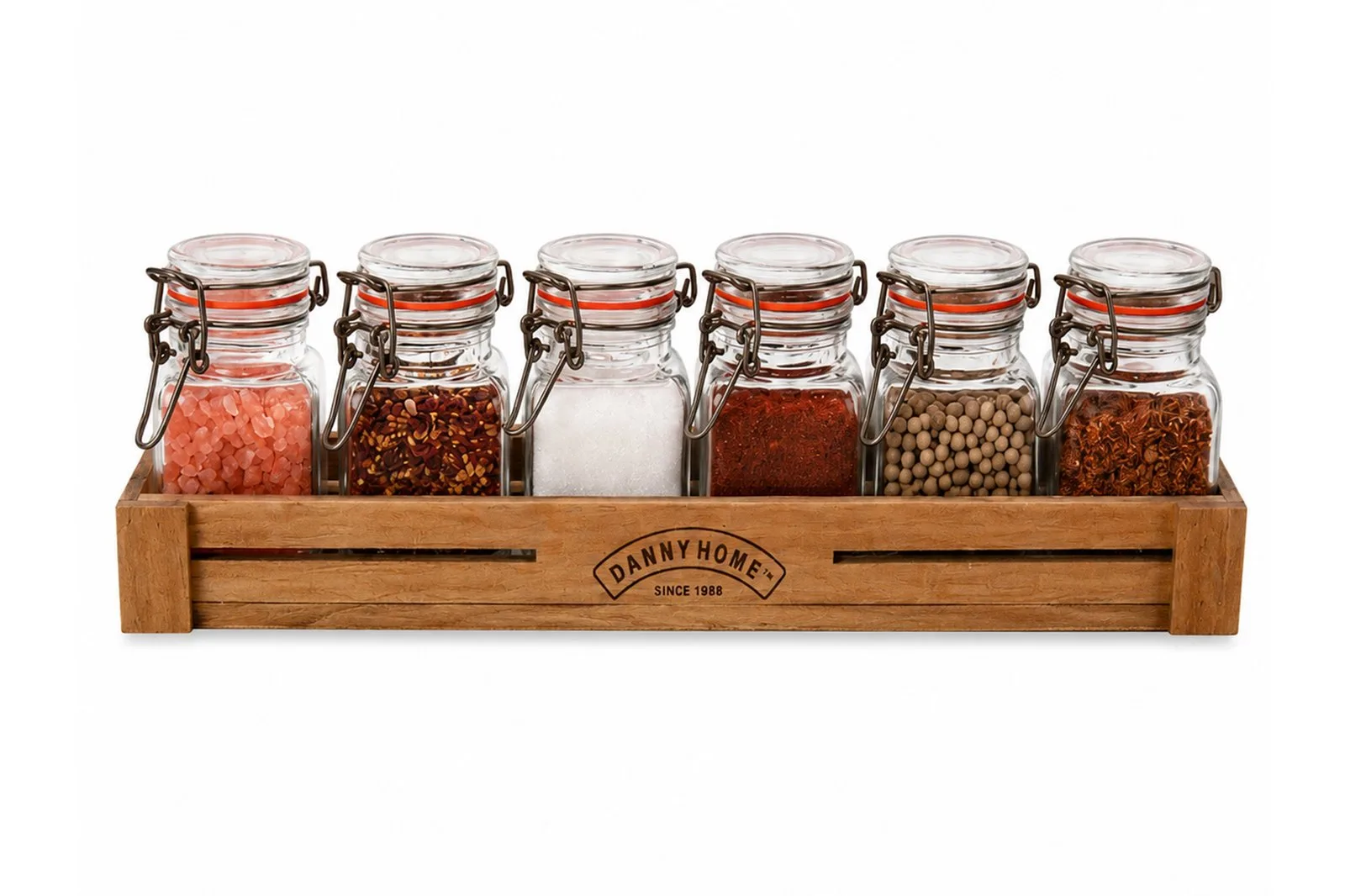 Glass Clip-Top Spice Jar Set with Wooden Tray 100 ml – 6 Pieces