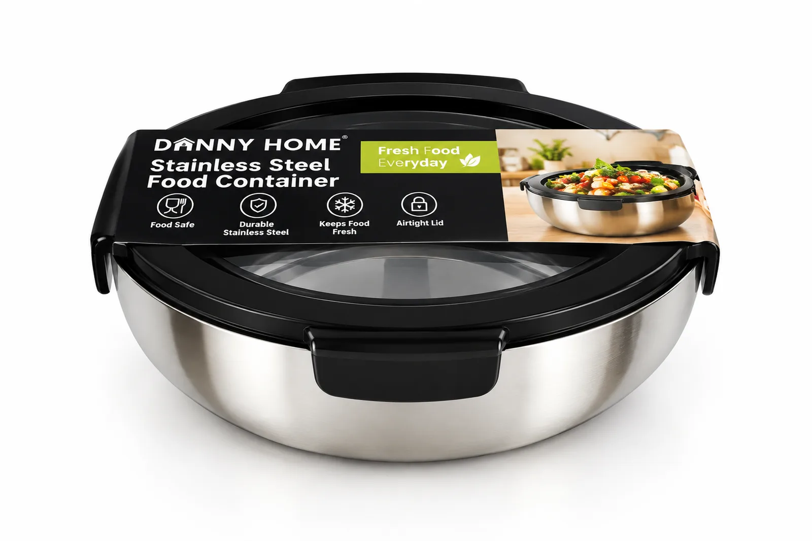 Stainless Steel 304 Food Container 700 ml Glass Lid – Black Rectangular