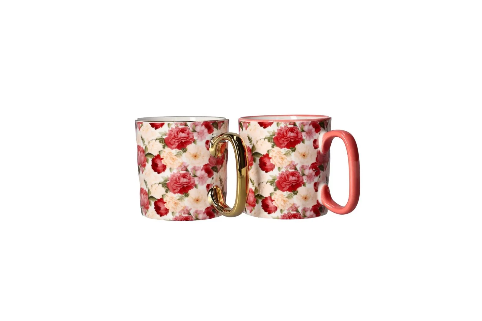 Porcelain Floral Coffee Mugs Gold Handle Set 2 Pcs 310 ml