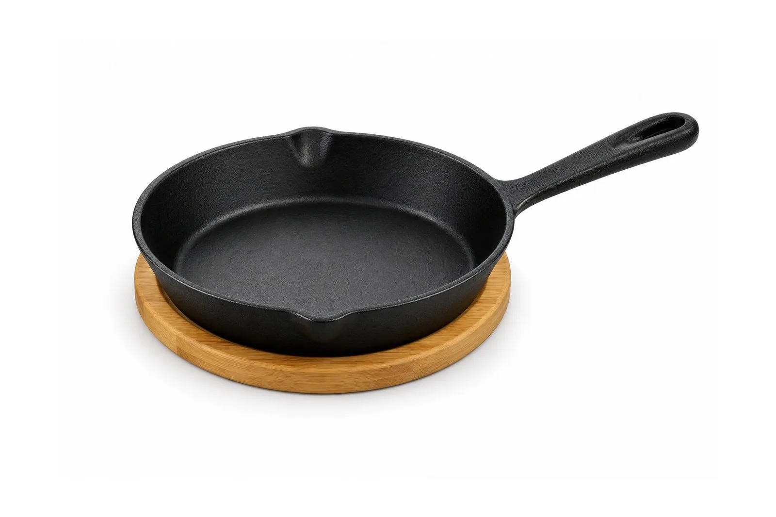 Cast Iron Round Skillet with Wooden Serving Base 16.5 cm