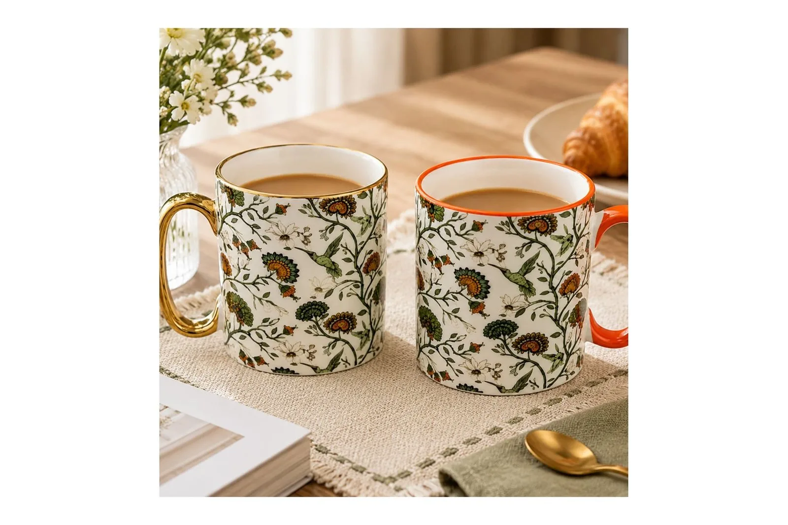 Porcelain Floral Coffee Mugs Gold Handle Set 2 Pcs 310 ml