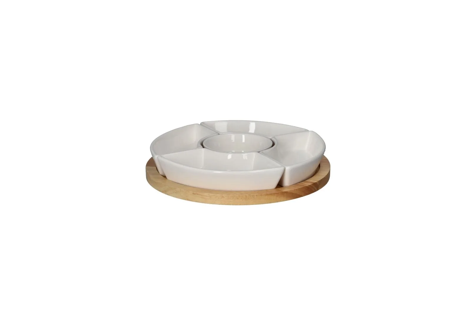 Bamboo Lazy Susan Snack Platter with Porcelain Dishes 6 Pcs