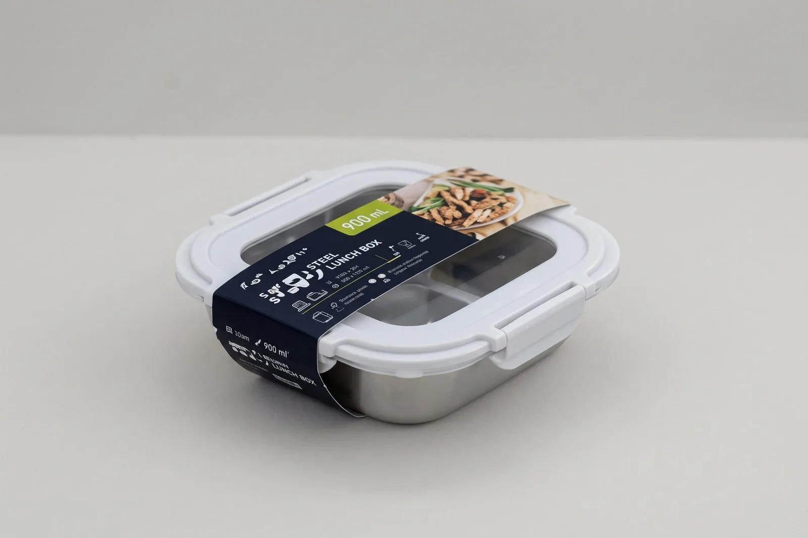 Stainless Steel 304 Food Container 900 ml Glass Lid – White Square