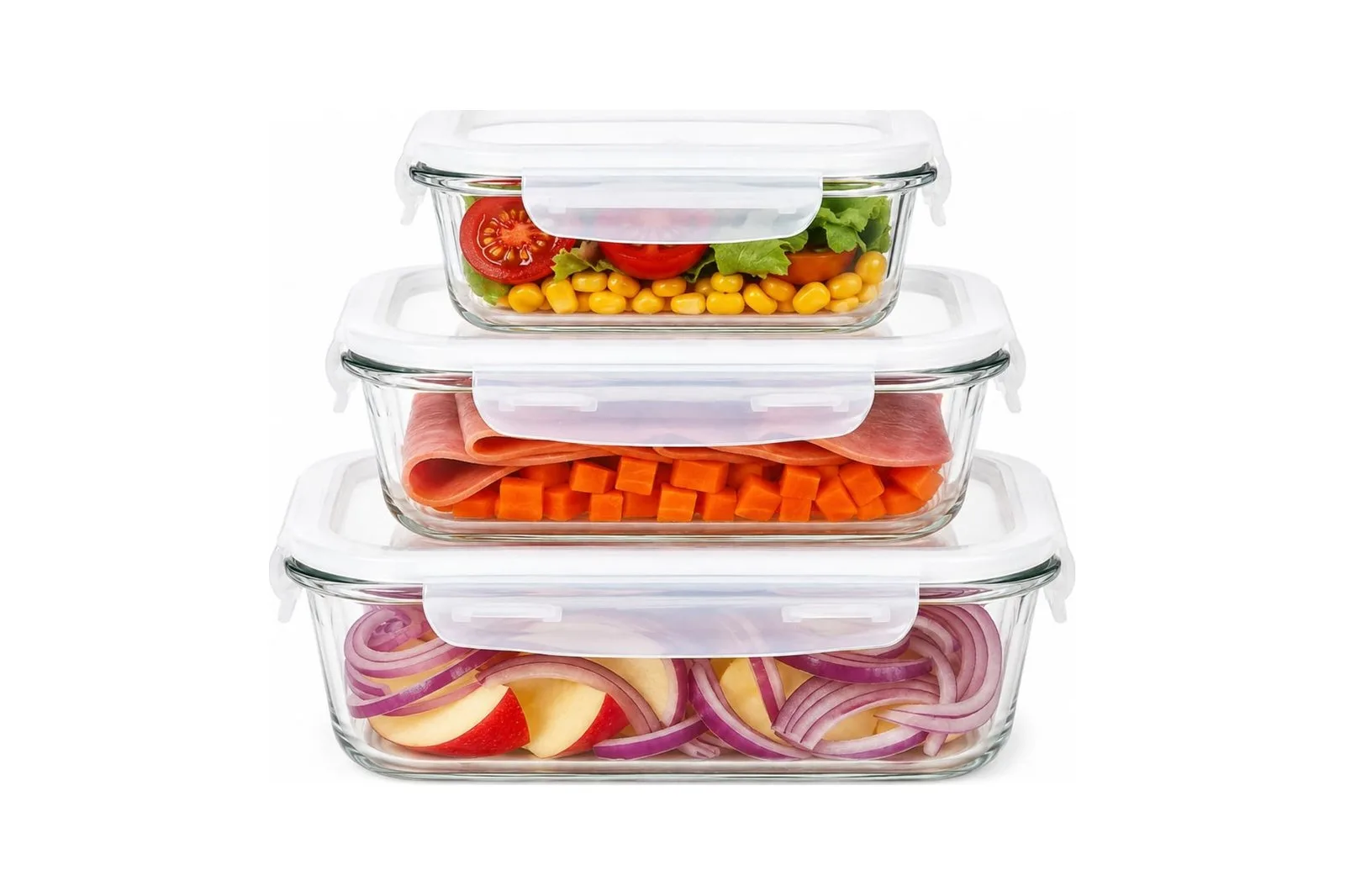 Square Glass Food Containers Set 3 Pcs 500 ml 800 ml 1100 ml