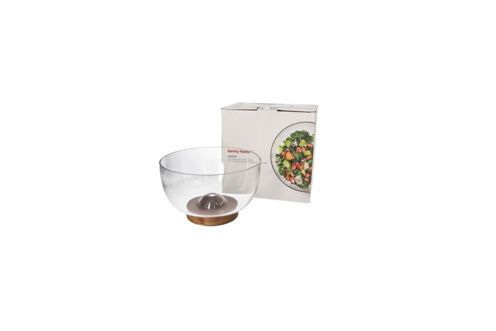 Glass Salad Bowl with Acacia Wood Base