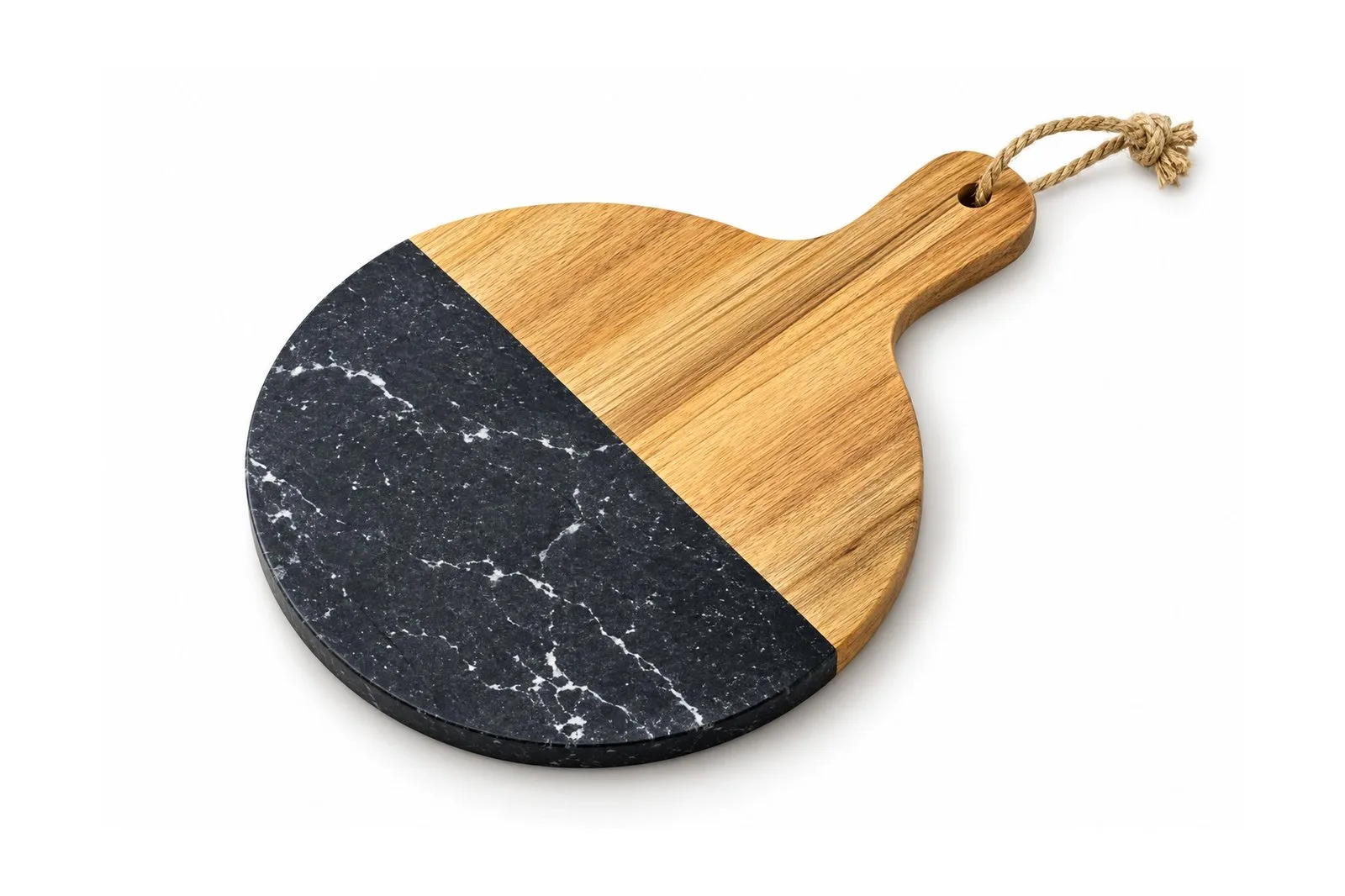 Marble & Wood Round Serving Board with Handle 35 x 25 cm – Black
