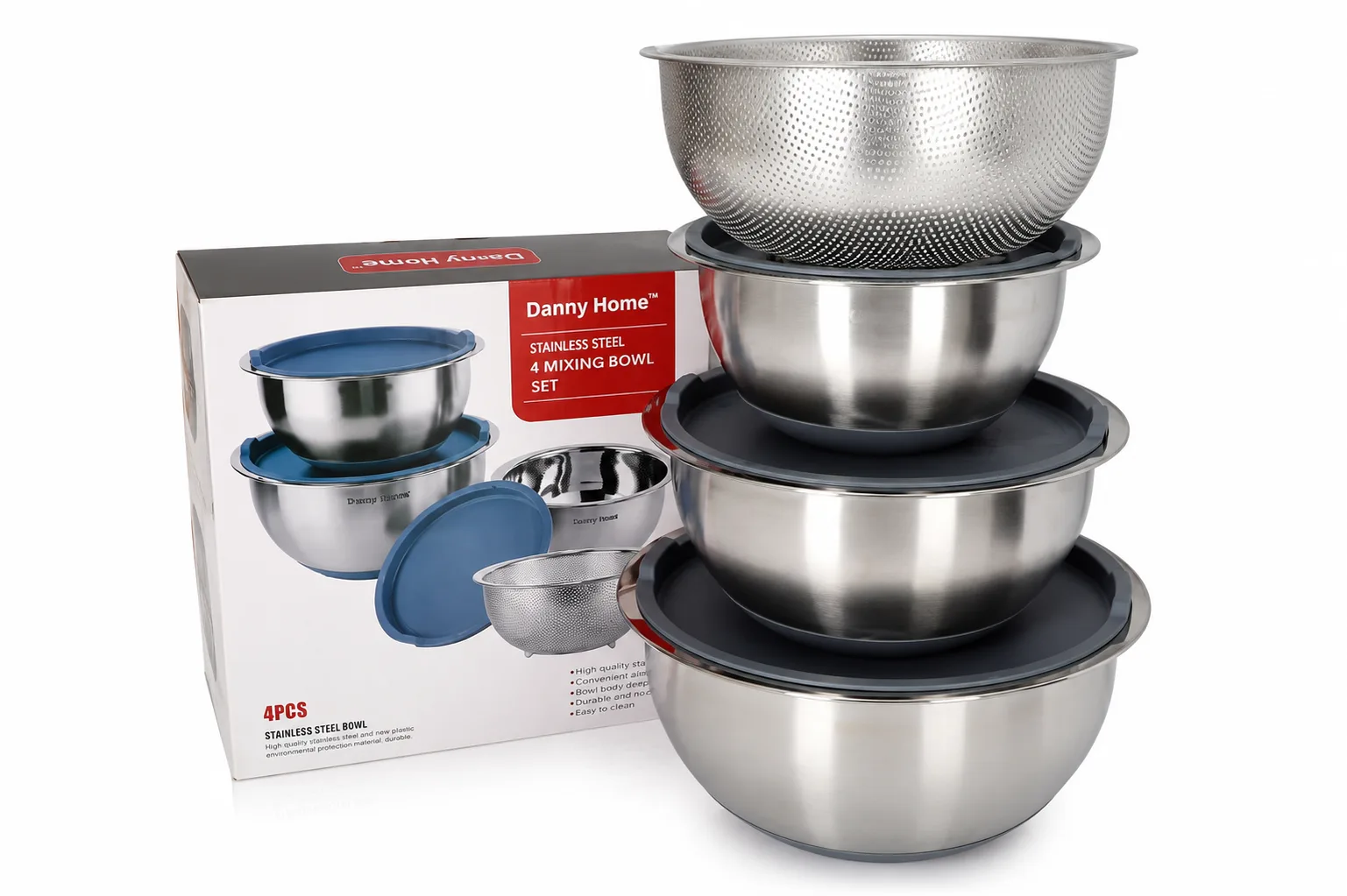 Stainless Steel Mixing Bowl Set with Colander – 4 Pieces